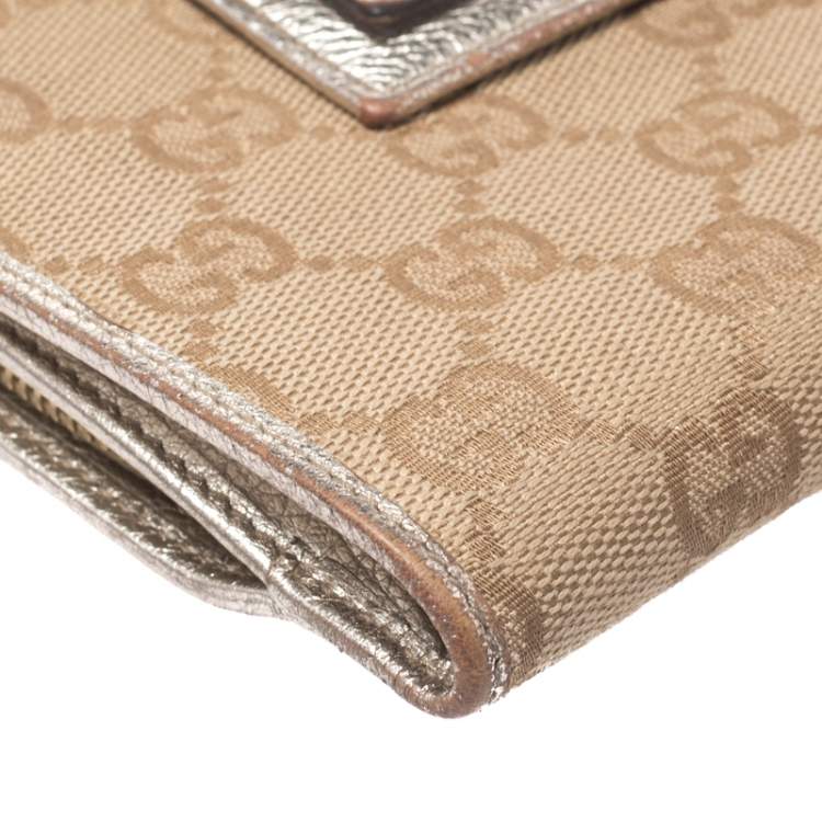 Pre Owned Gucci Beige/Metallic Gold GG Canvas Abbey D Ring Compact Wallet