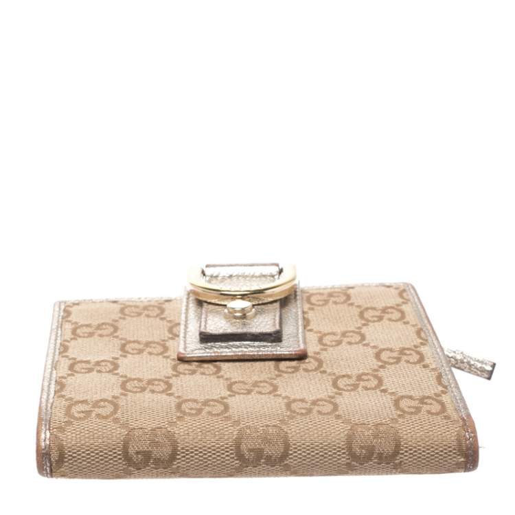 Pre Owned Gucci Beige/Metallic Gold GG Canvas Abbey D Ring Compact Wallet