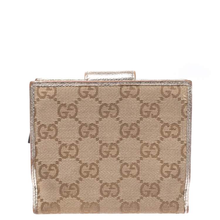 Pre Owned Gucci Beige/Metallic Gold GG Canvas Abbey D Ring Compact Wallet