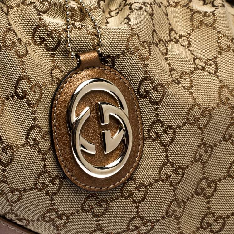 Pre Owned Gucci Metallic Rose Gold GG Canvas and Leather Medium Sukey Boston Bag