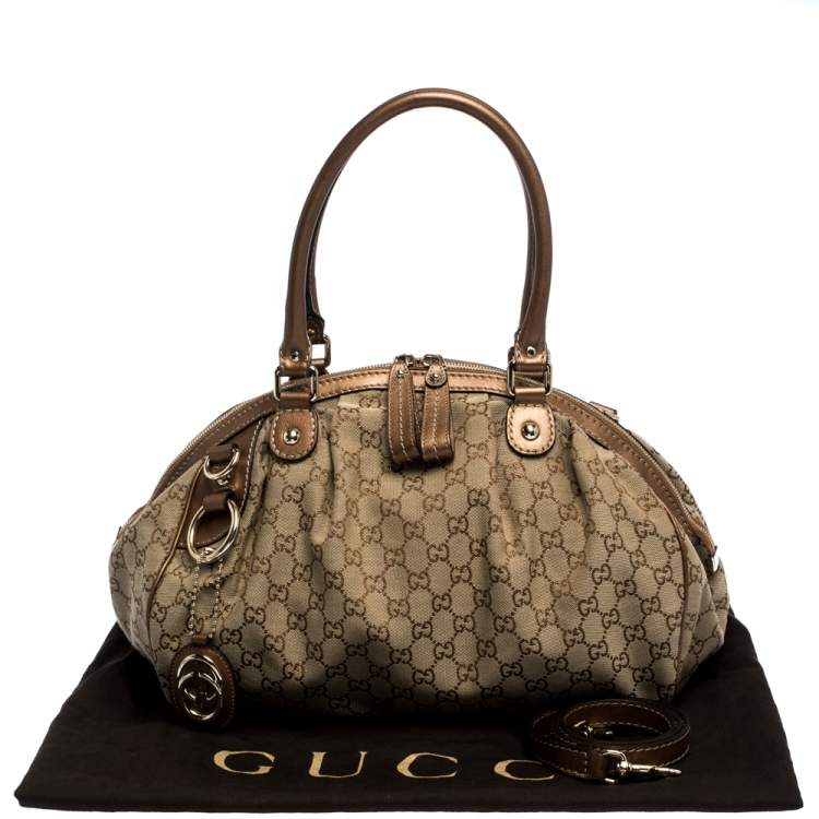 Pre Owned Gucci Metallic Rose Gold GG Canvas and Leather Medium Sukey Boston Bag