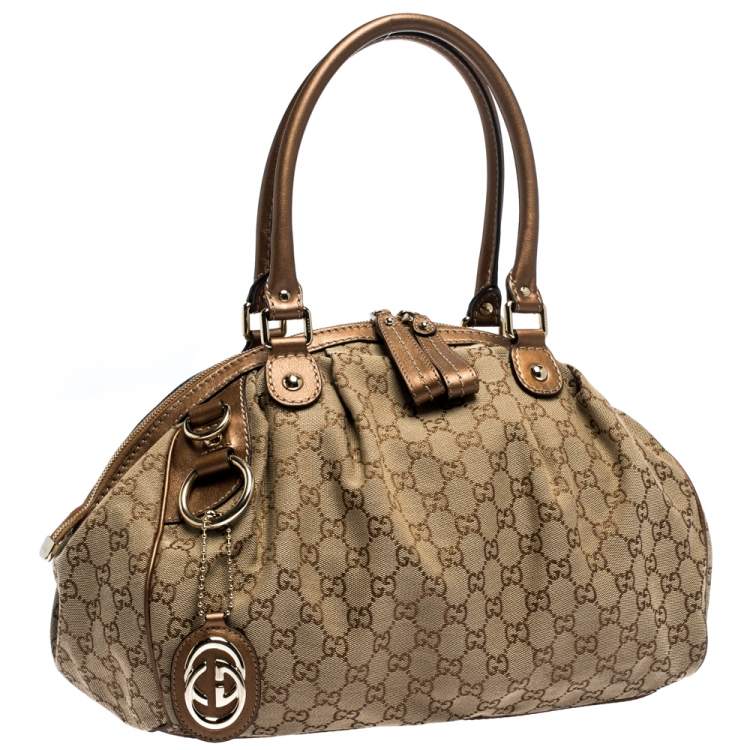 Pre Owned Gucci Metallic Rose Gold GG Canvas and Leather Medium Sukey Boston Bag