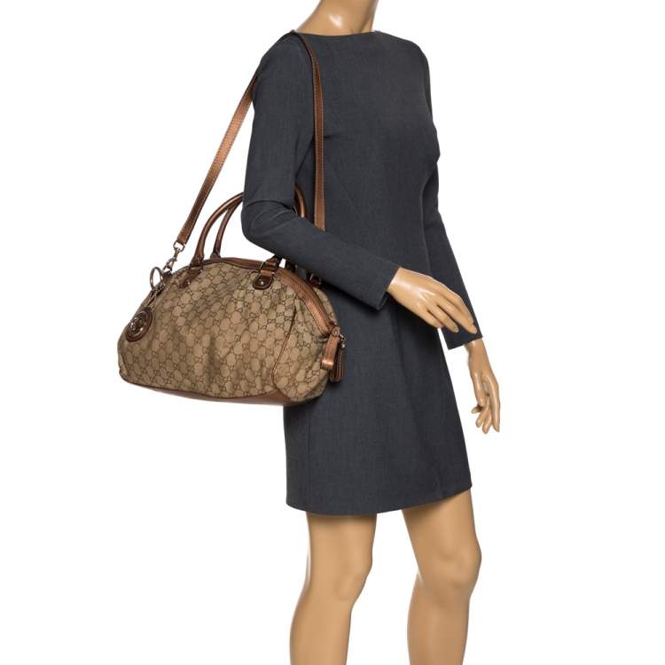 Pre Owned Gucci Metallic Rose Gold GG Canvas and Leather Medium Sukey Boston Bag