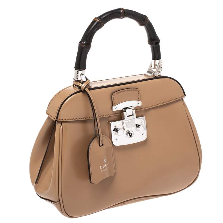 Pre Owned Gucci Beige Leather Lady Lock Bamboo Top Handle Bag