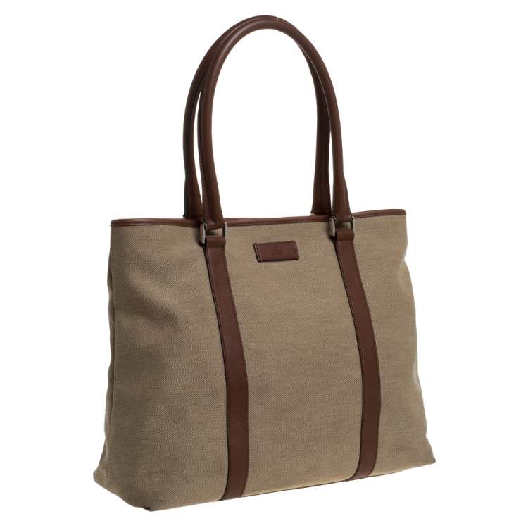 Pre Owned Gucci Khaki Canvas and Leather Shopper Tote