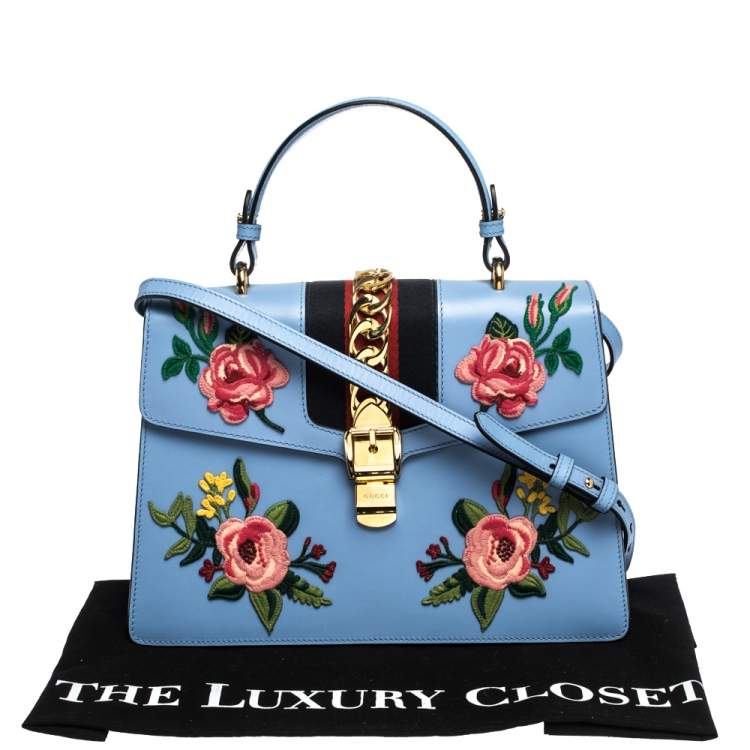 Pre Owned Gucci Blue Floral Embroidered Leather Medium Sylvie Top Handle Bag