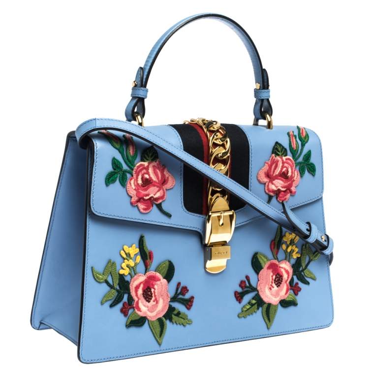 Pre Owned Gucci Blue Floral Embroidered Leather Medium Sylvie Top Handle Bag