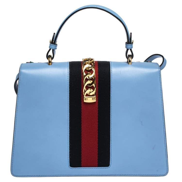 Pre Owned Gucci Blue Floral Embroidered Leather Medium Sylvie Top Handle Bag