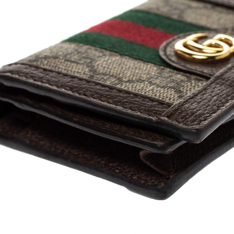 Pre Owned Gucci Brown GG Supreme Canvas and Leather Web Ophidia Card Case Wallet