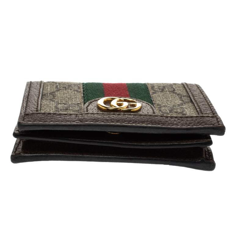 Pre Owned Gucci Brown GG Supreme Canvas and Leather Web Ophidia Card Case Wallet