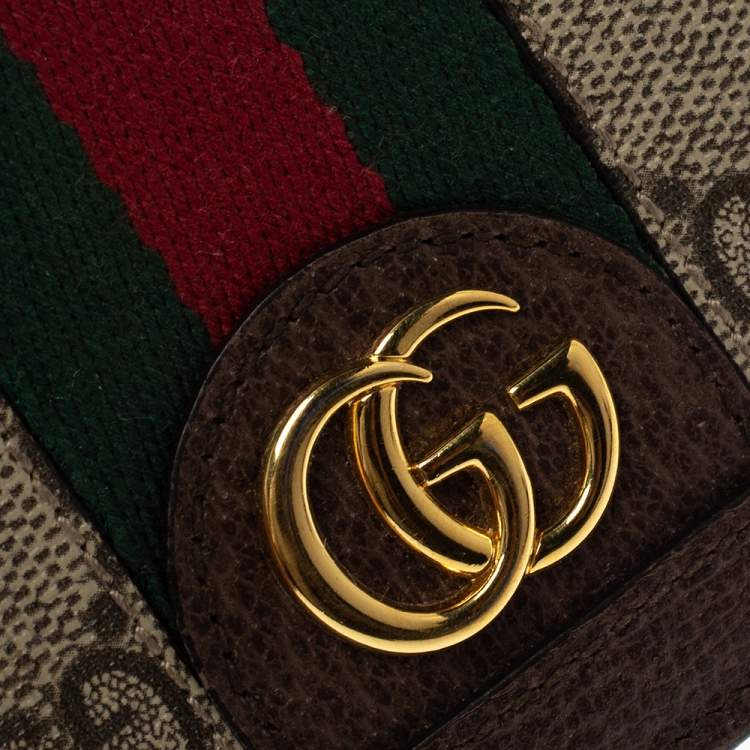 Pre Owned Gucci Brown GG Supreme Canvas and Leather Web Ophidia Card Case Wallet