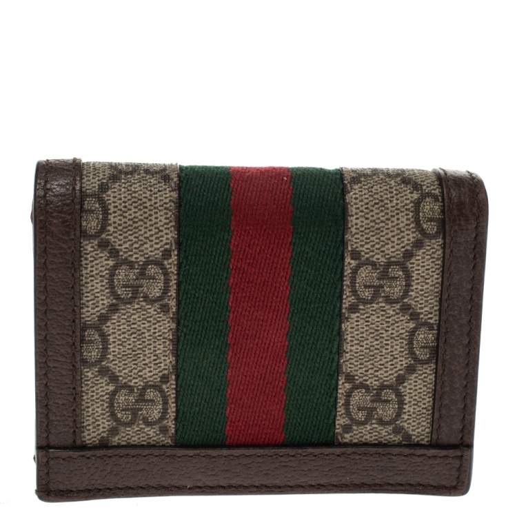 Pre Owned Gucci Brown GG Supreme Canvas and Leather Web Ophidia Card Case Wallet