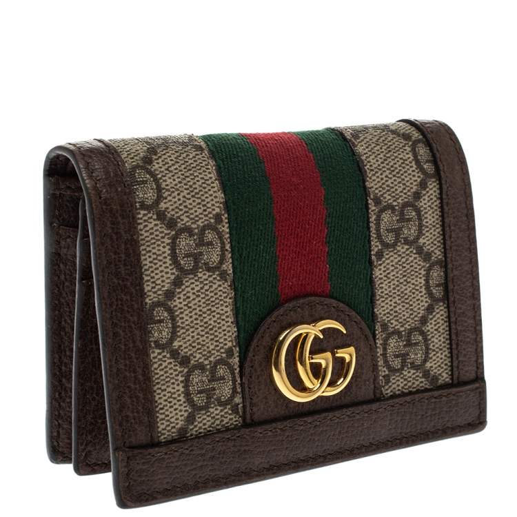 Pre Owned Gucci Brown GG Supreme Canvas and Leather Web Ophidia Card Case Wallet