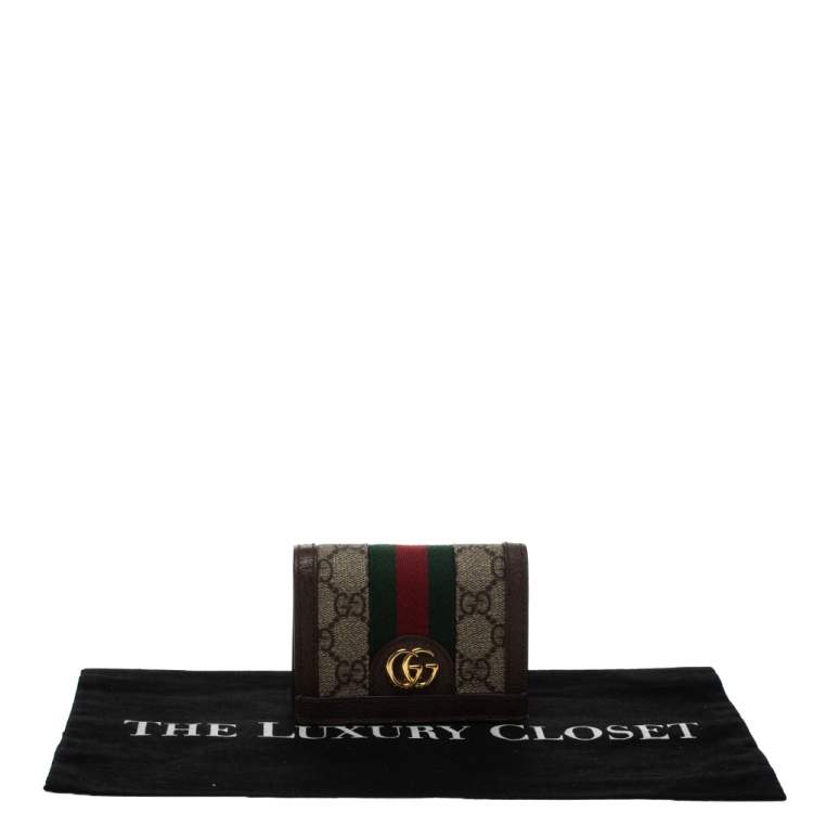 Pre Owned Gucci Brown GG Supreme Canvas and Leather Web Ophidia Card Case Wallet