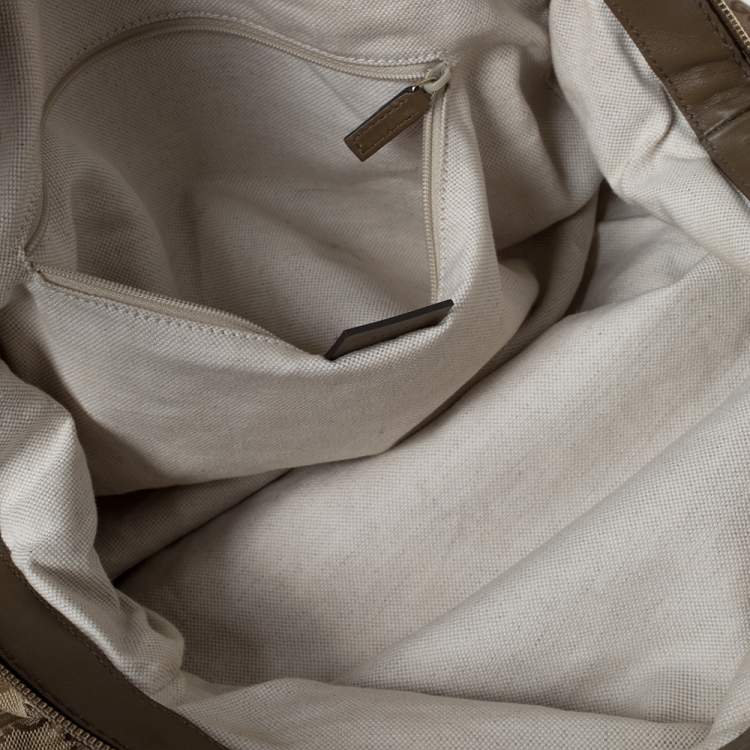 Pre Owned Gucci Beige/Olive Green GG Canvas and Leather Medium Sukey Boston Bag