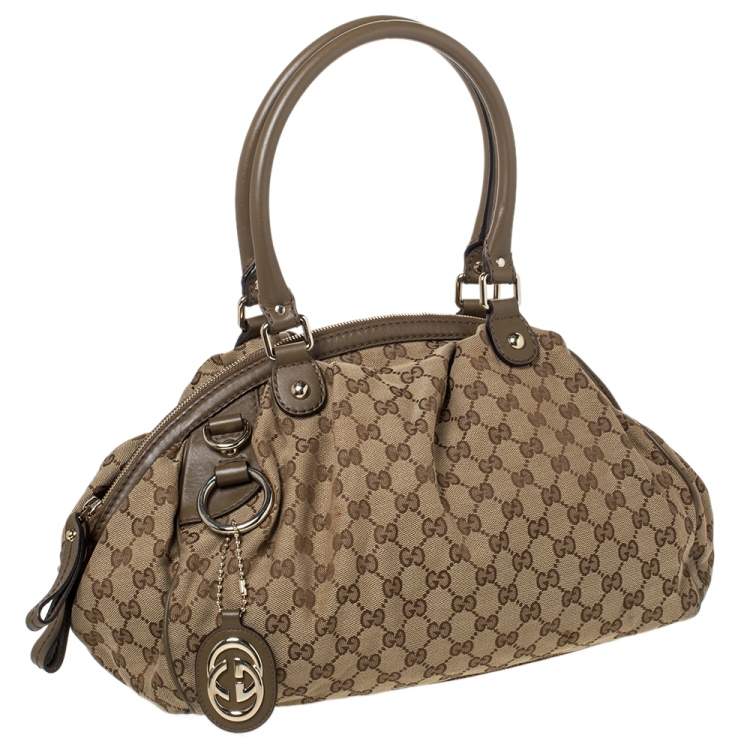 Pre Owned Gucci Beige/Olive Green GG Canvas and Leather Medium Sukey Boston Bag