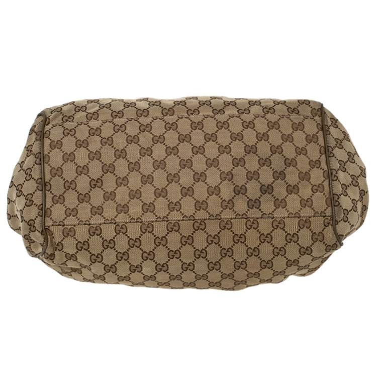 Pre Owned Gucci Beige/Olive Green GG Canvas and Leather Medium Sukey Boston Bag