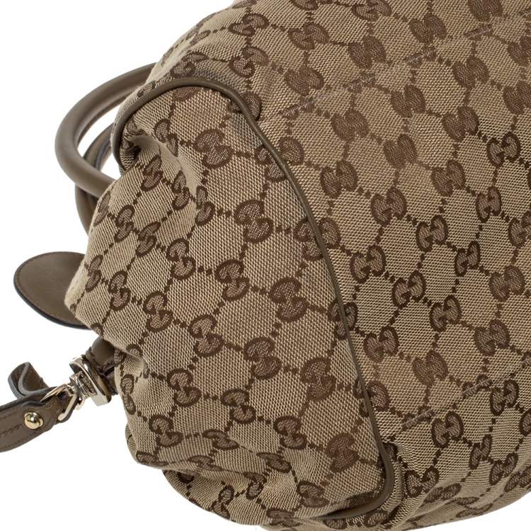 Pre Owned Gucci Beige/Olive Green GG Canvas and Leather Medium Sukey Boston Bag