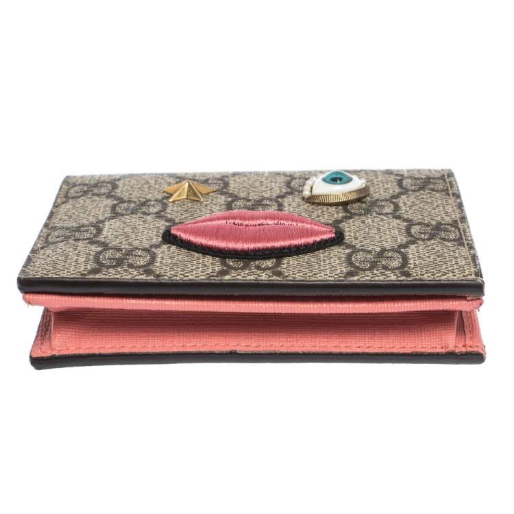 Pre Owned Gucci Beige GG Supreme Canvas Embroidered Face Bifold Card Holder