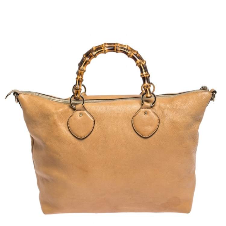 Pre Owned Gucci Beige Leather Medium Bamboo Shopper Tote