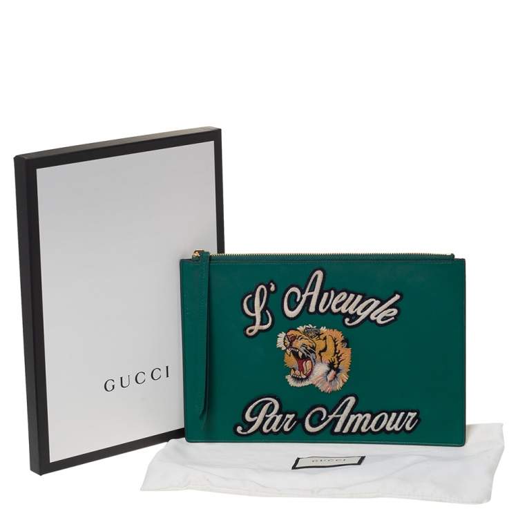 Pre Owned Gucci Green Leather L'Aveugle Par Amour Pouch