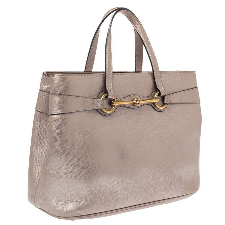 Pre Owned Gucci Metallic Beige Leather Bright Bit Tote