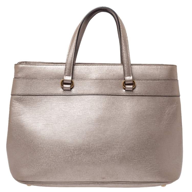 Pre Owned Gucci Metallic Beige Leather Bright Bit Tote