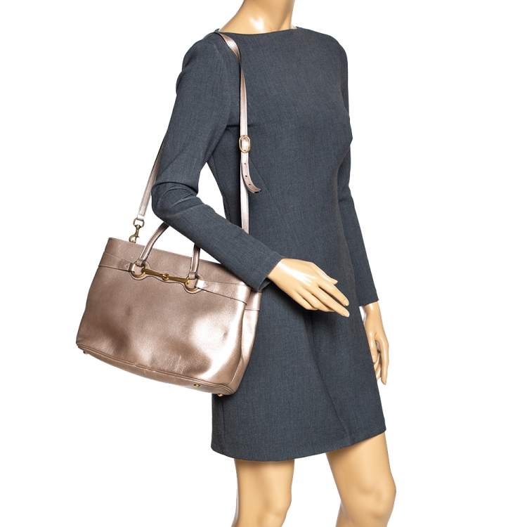 Pre Owned Gucci Metallic Beige Leather Bright Bit Tote