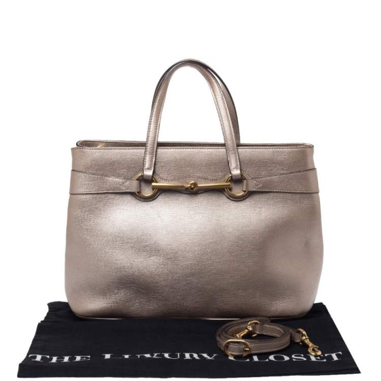 Pre Owned Gucci Metallic Beige Leather Bright Bit Tote