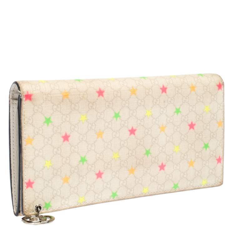 Pre Owned Gucci White Micro GG Supreme Canvas Neon Stars Continental Wallet 