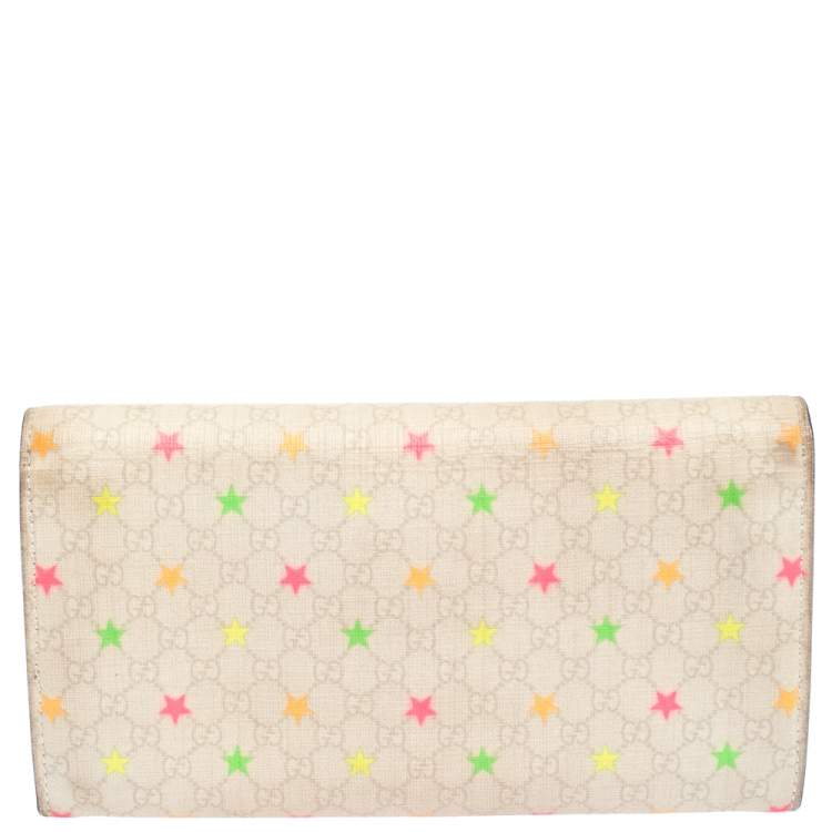 Pre Owned Gucci White Micro GG Supreme Canvas Neon Stars Continental Wallet 