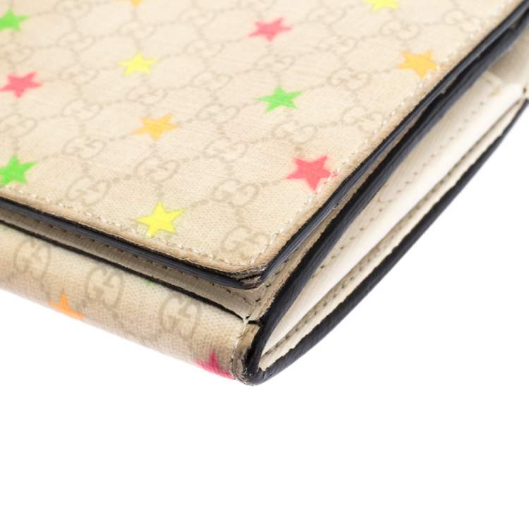 Pre Owned Gucci White Micro GG Supreme Canvas Neon Stars Continental Wallet 