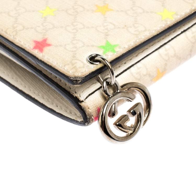 Pre Owned Gucci White Micro GG Supreme Canvas Neon Stars Continental Wallet 