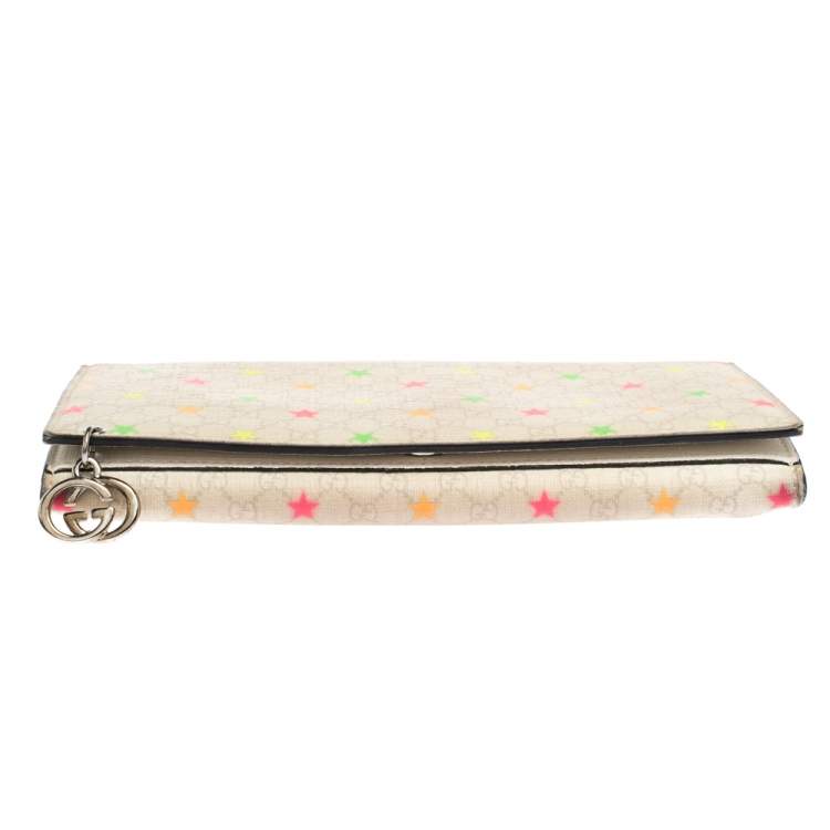 Pre Owned Gucci White Micro GG Supreme Canvas Neon Stars Continental Wallet 