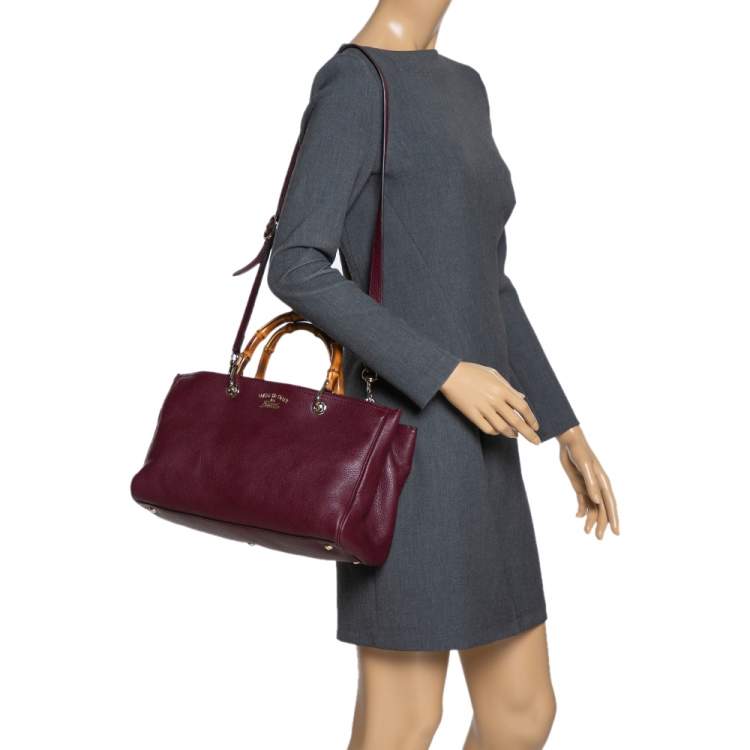 Pre Owned Gucci Burgundy Leather Medium Bamboo Tote