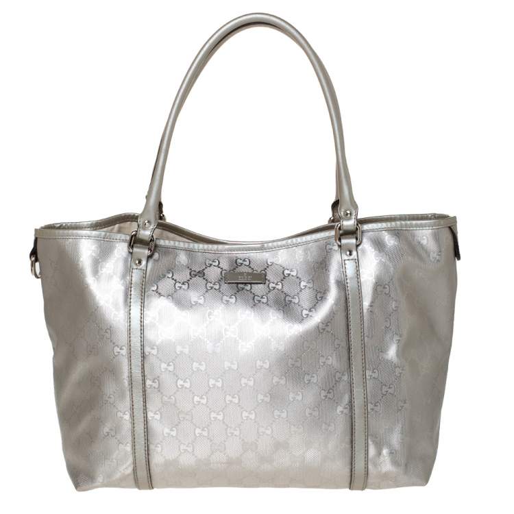 Pre Owned Gucci Silver GG Imprime Canvas and Leather Medium Joy Shopper Tote