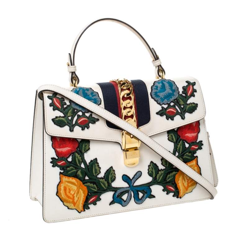 Pre Owned Gucci Cream Floral Embroidered Leather Medium Sylvie Top Handle Bag