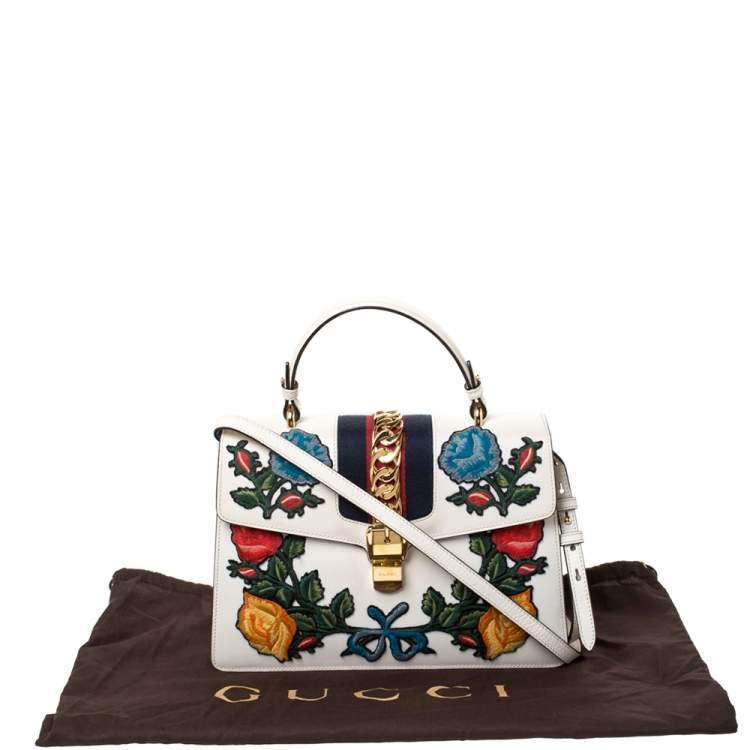 Pre Owned Gucci Cream Floral Embroidered Leather Medium Sylvie Top Handle Bag