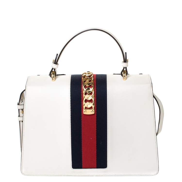 Pre Owned Gucci Cream Floral Embroidered Leather Medium Sylvie Top Handle Bag