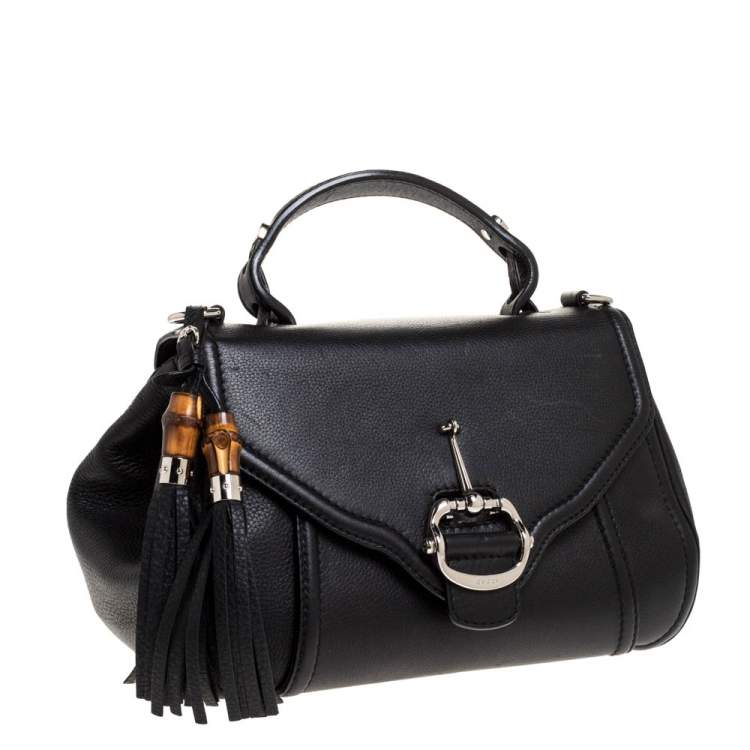 Pre Owned Gucci Black Leather Techno Horsebit Top Handle Bag