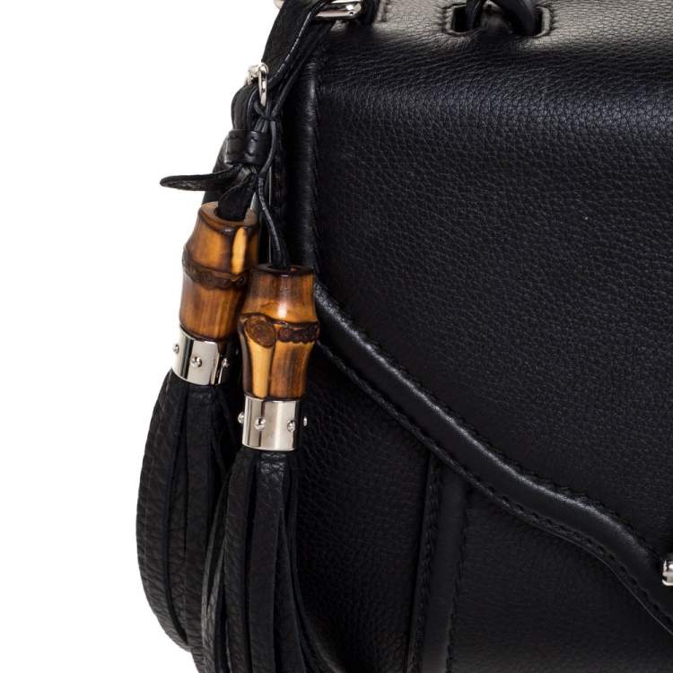 Pre Owned Gucci Black Leather Techno Horsebit Top Handle Bag