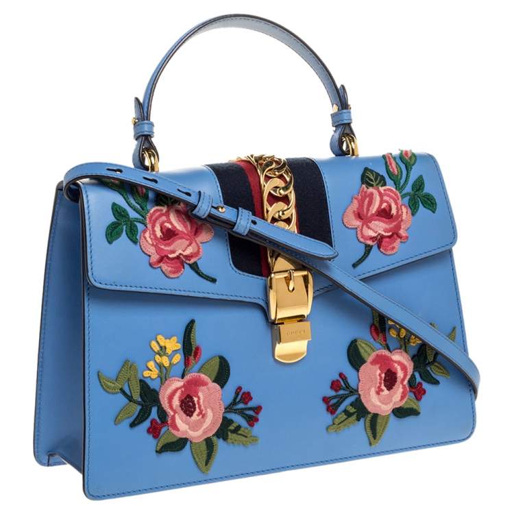 Pre Owned Gucci Blue Floral Embroidered Leather Medium Sylvie Top Handle Bag