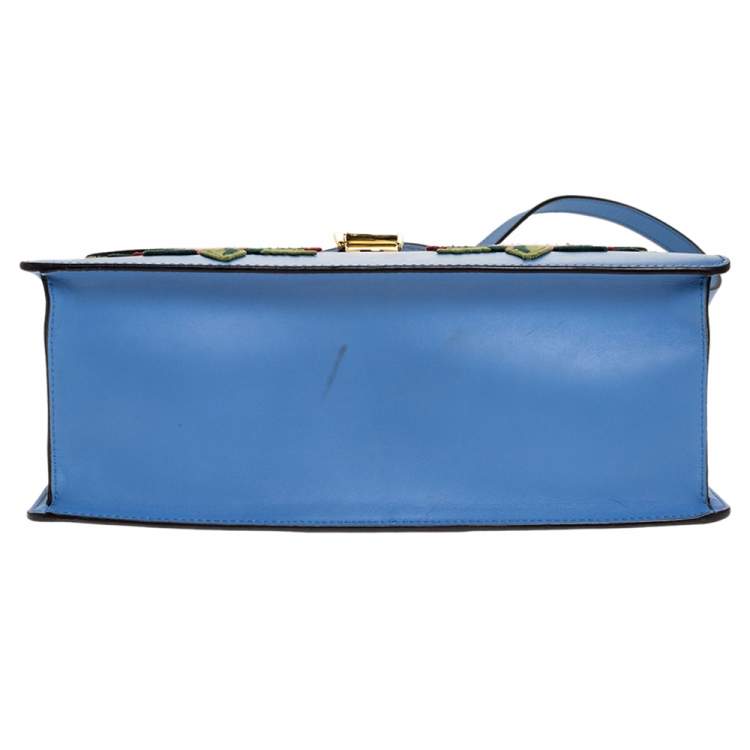 Pre Owned Gucci Blue Floral Embroidered Leather Medium Sylvie Top Handle Bag