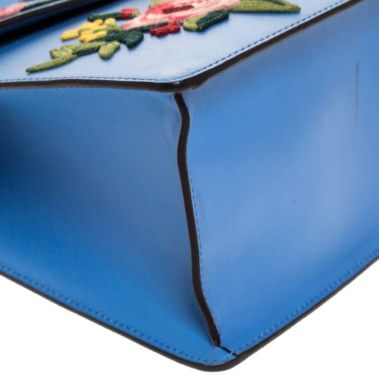 Pre Owned Gucci Blue Floral Embroidered Leather Medium Sylvie Top Handle Bag
