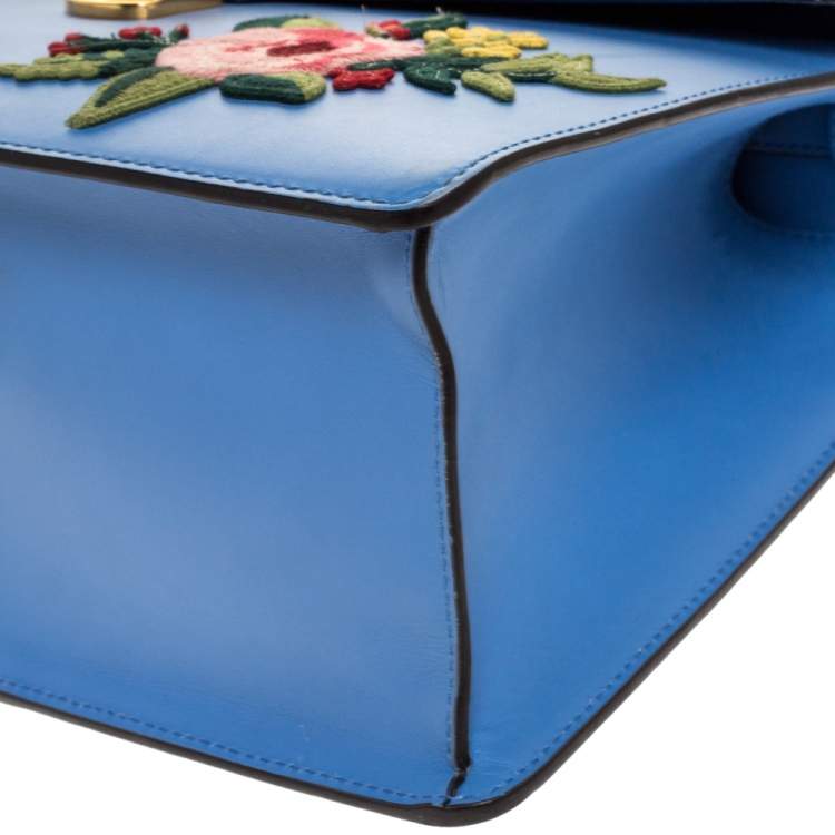 Pre Owned Gucci Blue Floral Embroidered Leather Medium Sylvie Top Handle Bag