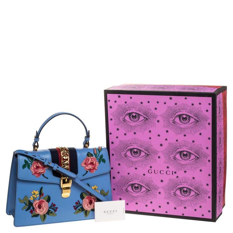 Pre Owned Gucci Blue Floral Embroidered Leather Medium Sylvie Top Handle Bag