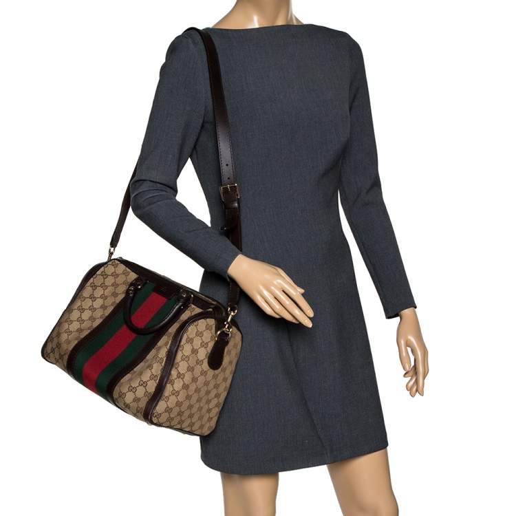 Pre Owned Gucci Beige/Brown GG Canvas and Leather Medium Vintage Web Boston Bag