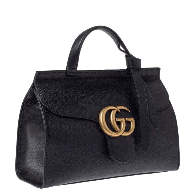 Pre Owned Gucci Black Leather Medium GG Marmont Top Handle Bag