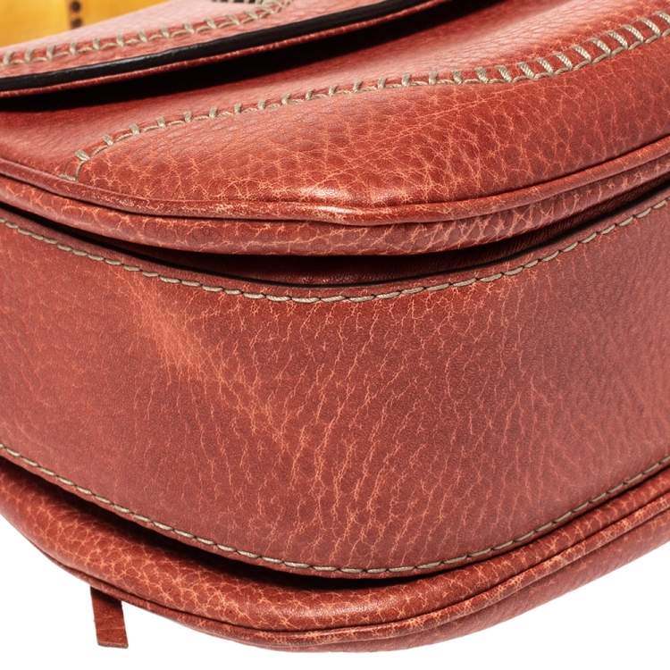 Pre Owned Gucci Dark Orange Grain Leather Tassel New Bamboo Top Handle Bag