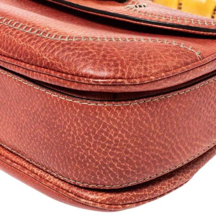 Pre Owned Gucci Dark Orange Grain Leather Tassel New Bamboo Top Handle Bag